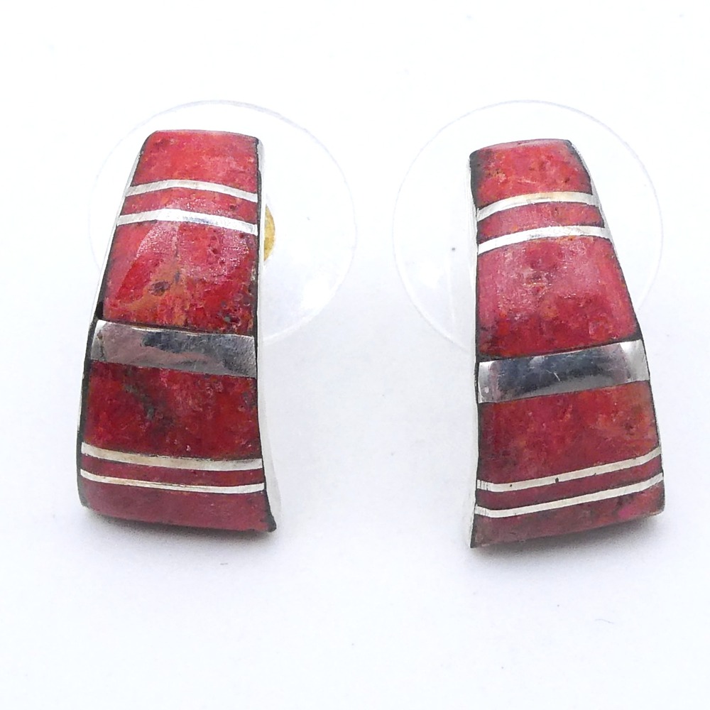 Sterling Silver 925 Red Coral Inlay Southwest Half Hoop Graduated .7" Earrings